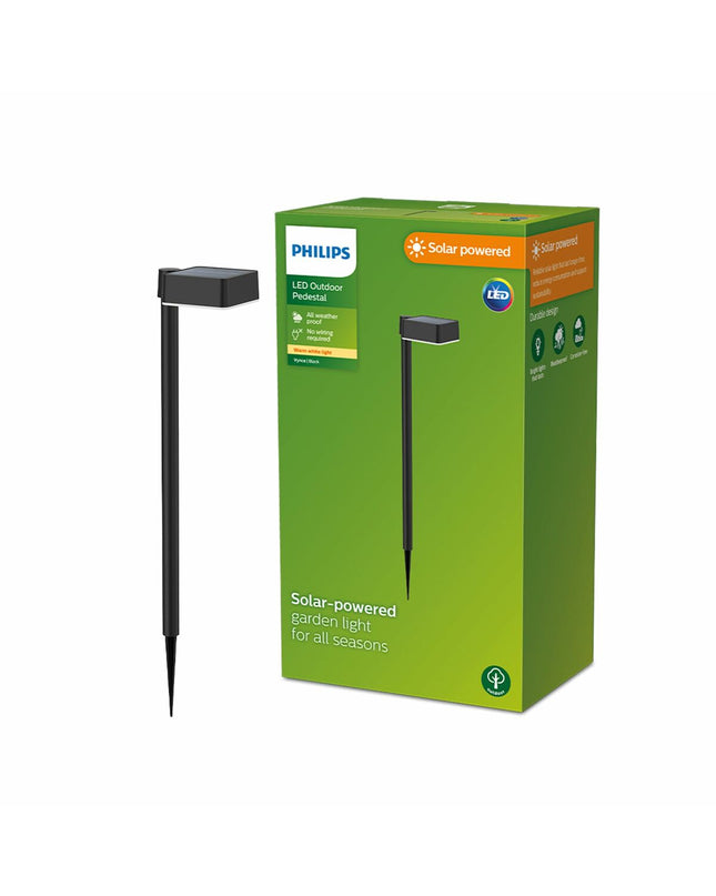 Philips Vynce solar garden light in black plastic, square shape, 1.5W warm white outdoor decoration for garden illumination