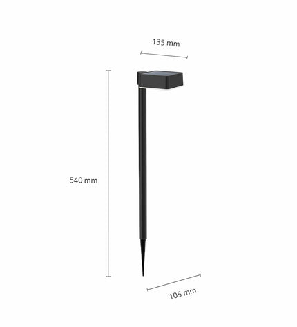 Philips Vynce solar garden light in black plastic, warm white 2700K, square shape, outdoor decorative lighting, 54 cm tall.