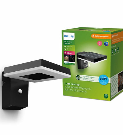 Philips outdoor square garden wall lamp with 1.3W, 250 lumens, 3000K warm white light, decorative exterior lighting.