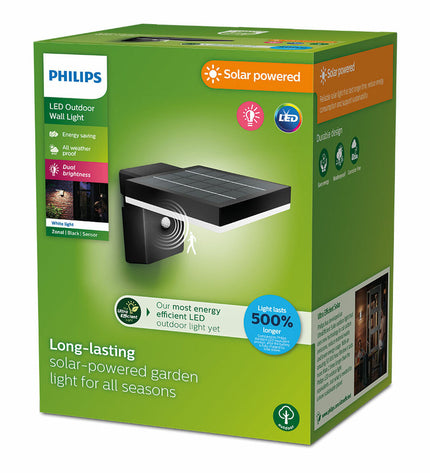 Philips outdoor square garden wall lamp with 1.3W LED, 250 lumens, 3000K warm white light, exterior decorative lighting