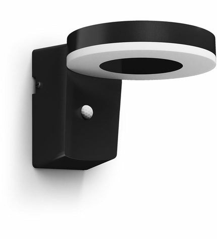 Philips outdoor garden wall lamp with 1.3W power, circular shape, 3000K warm white light, decorative exterior lighting.