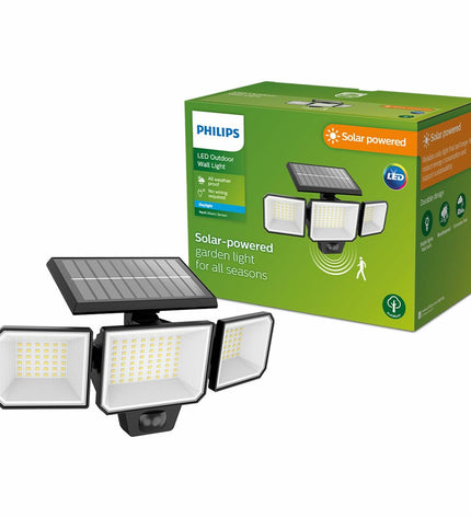 Philips solar-powered spotlight in black with 8.7W, 5000K light, outdoor garden decoration, measuring 29x11.7x16.8 cm.