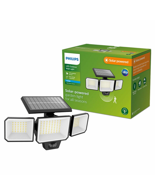 Philips solar-powered spotlight in black with 8.7W, 5000K light, outdoor garden decoration, measuring 29x11.7x16.8 cm.