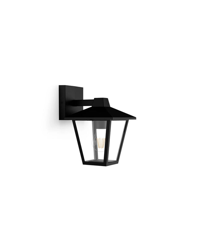 Philips Kinno black outdoor garden wall lamp with 25W aluminium E27 bulb socket, suitable for exterior decorative lighting.