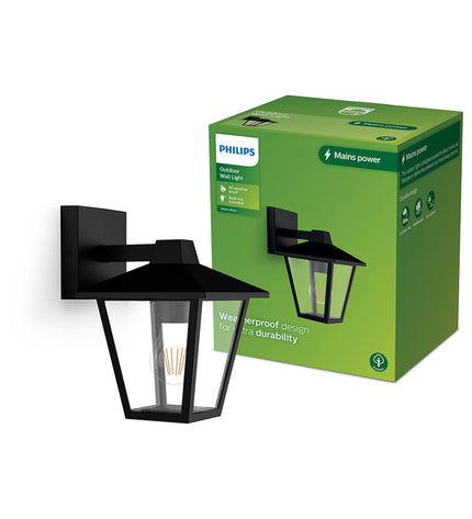 Philips Kinno black outdoor garden wall lamp with 25W aluminium E27 bulb holder, suitable for outdoor decoration.
