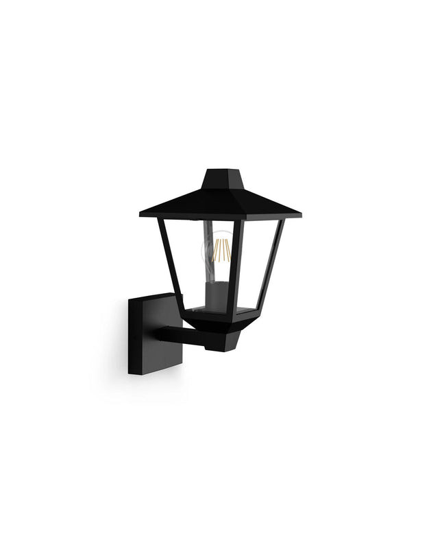 Philips Kinno black outdoor garden wall lamp with 25W aluminium E27 bulb socket, suitable for exterior decoration.