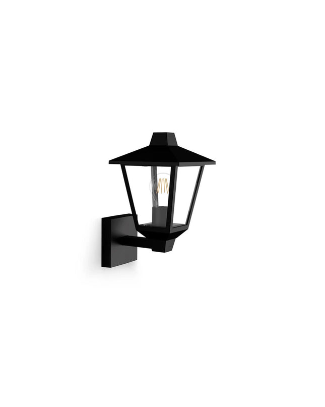 Philips Kinno black outdoor garden wall lamp with 25W aluminium E27 bulb socket, suitable for exterior decorative lighting.