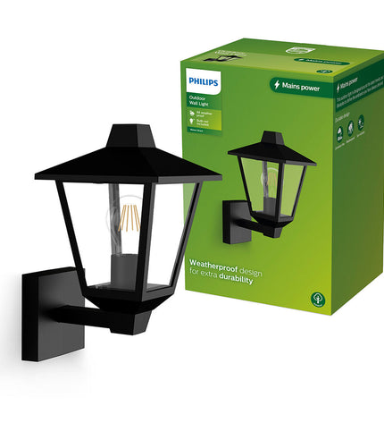 Philips Kinno black 25W outdoor garden wall lamp with aluminium finish and E27 socket, suitable for exterior decorative lighting.