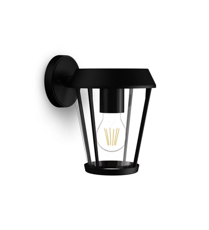 Philips Sunera black outdoor garden wall lamp with 25W aluminium E27 bulb socket, decorative exterior lighting for outdoor spaces