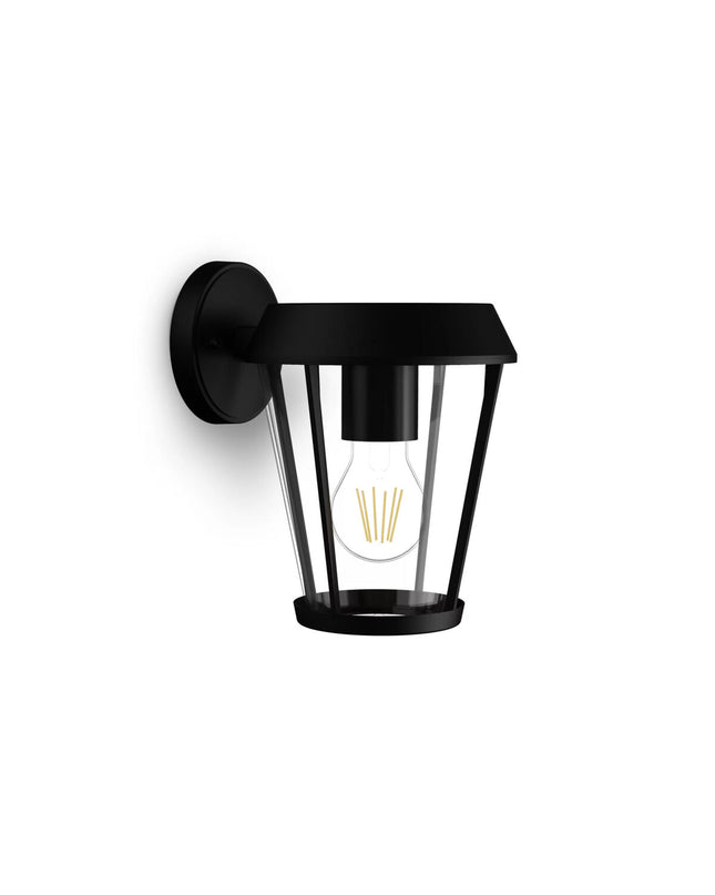 Philips Sunera black outdoor garden wall lamp with 25W aluminium E27 bulb socket, decorative exterior lighting for outdoor spaces