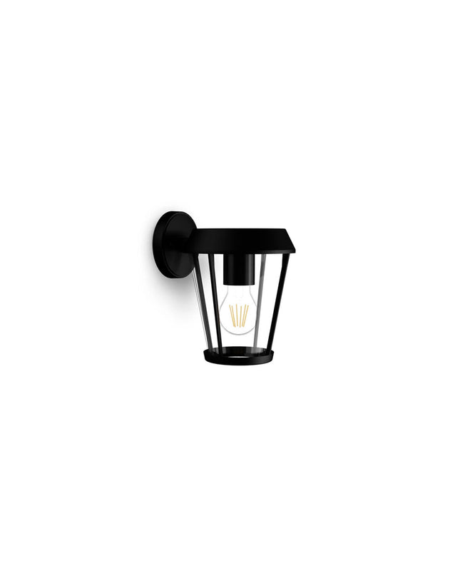 Philips Sunera black outdoor garden wall lamp with 25W aluminium E27 bulb socket for exterior decoration.