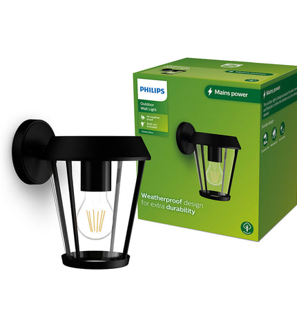 Philips Sunera black outdoor garden wall lamp with 25W aluminum E27 bulb socket, decorative for exterior lighting.