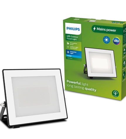 Philips black 30W outdoor garden floodlight with 5000K cool white LED illumination, designed for outdoor decoration and lighting.