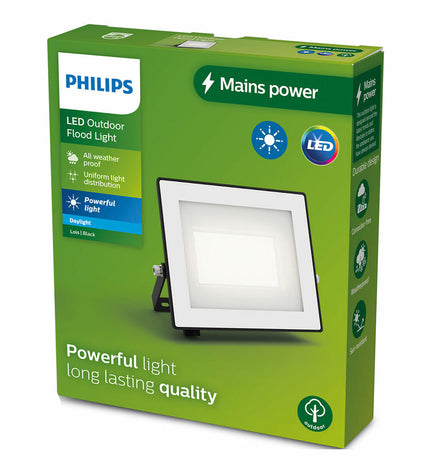 Black Philips 30W outdoor garden floodlight with 5000K color temperature, designed for external decorative lighting.