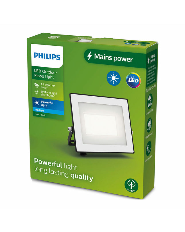 Black Philips 30W outdoor garden floodlight with 5000K color temperature, designed for external decorative lighting.