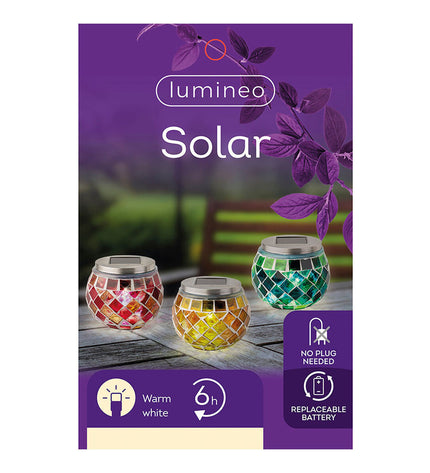 Lumineo Zonnelamp Mozaïek tuin decoratie, 9 cm, outdoor garden ornament with colorful mosaic design and solar-powered lighting.