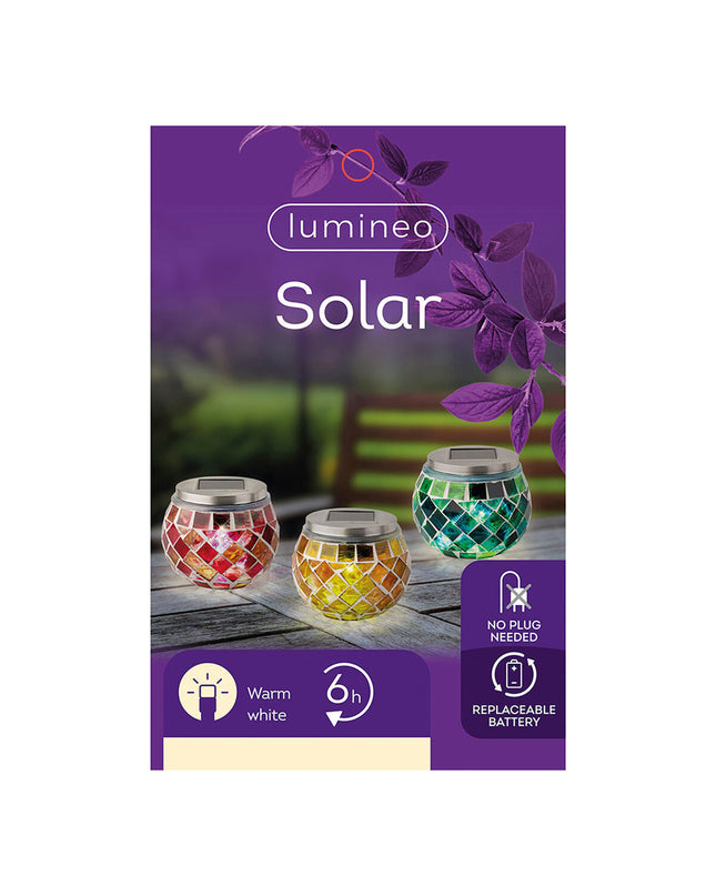 Lumineo Zonnelamp Mozaïek tuin decoratie, 9 cm, outdoor garden ornament with colorful mosaic design and solar-powered lighting.