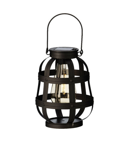 Vintage metal Lumineo solar-powered outdoor lantern for garden decoration, with battery-operated lighting and rustic metal design.