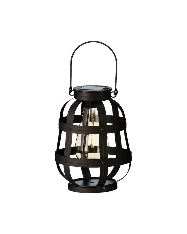 Vintage metal Lumineo solar-powered outdoor lantern for garden decoration, with battery-operated lighting and rustic metal design.