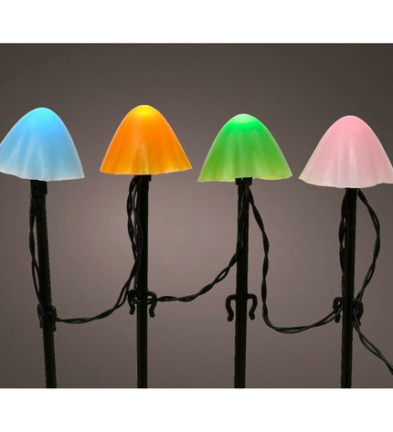 Set of 20 Lumineo multicolour mini mushroom garden lights for outdoor plant decoration, perfect for enhancing garden ambiance.