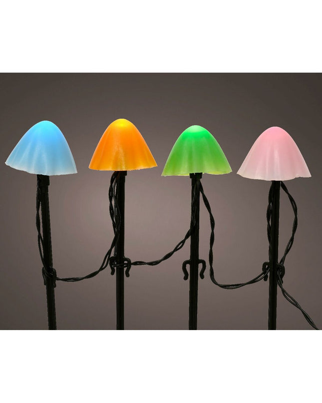 Set of 20 Lumineo multicolour mini mushroom garden lights for outdoor plant decoration, perfect for enhancing garden ambiance.