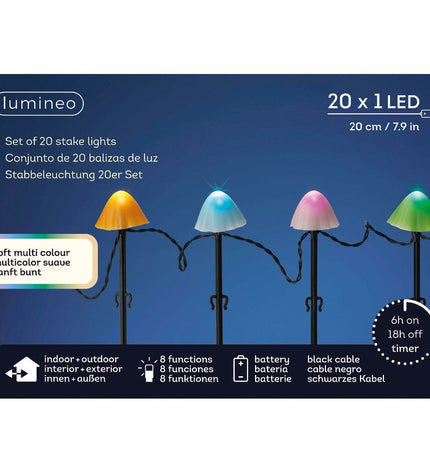 Set of 20 Lumineo multicolour mini mushroom decorative outdoor plant lights for garden decoration.