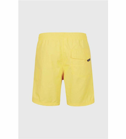 Yellow O'Neill men's swim trunks with 16-inch length, suitable for sport and watersports, displayed on a flat surface.