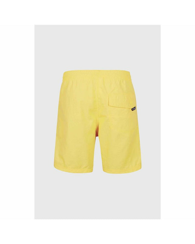 Yellow O'Neill men's swim trunks with 16-inch length, suitable for sport and watersports, displayed on a flat surface.