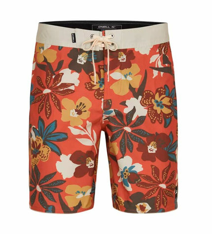 O'Neill Hyperfreak Mysto Scallop men's 19-inch red swim shorts for watersports, showing the sporty design and waistband detail.