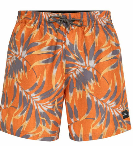 O'Neill Cali Floral men's 16-inch orange swim shorts for water sports with a vibrant floral pattern.