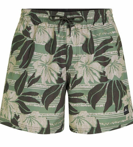 O'Neill Cali Floral men's 16" olive green swim shorts for sports and watersports, featuring a floral pattern and adjustable waistband.