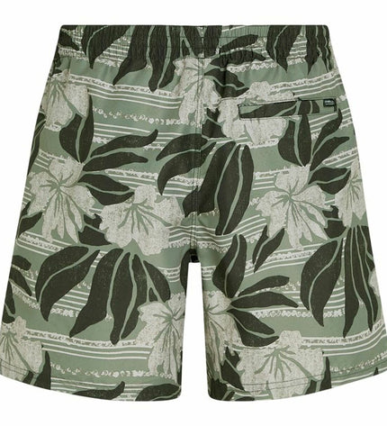O'Neill Cali Floral men's 16-inch green olive swim trunks for water sports, featuring a vibrant floral pattern.