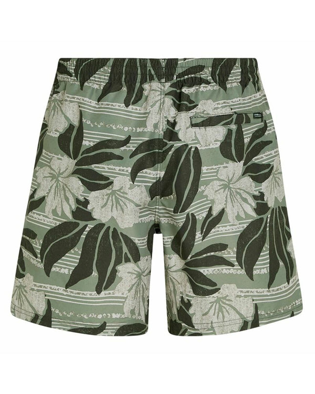 O'Neill Cali Floral men's 16-inch green olive swim trunks for water sports, featuring a vibrant floral pattern.