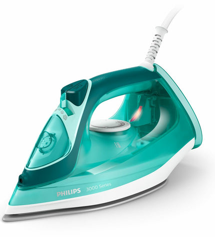 Philips DST3030/70 steam iron with 2400W power, white and blue design, shown on a ironing board with steam coming out
