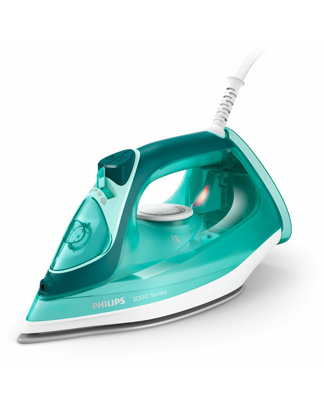 Philips DST3030/70 steam iron with 2400W power, white and blue design, shown on a ironing board with steam coming out