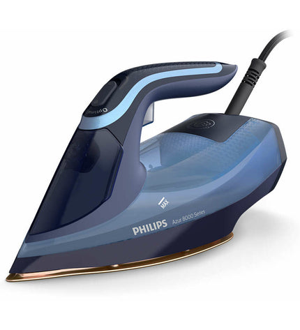 Philips DST8020/20 blue steam iron with 3000W power, shown on a white surface, featuring a sleek design and control dial.