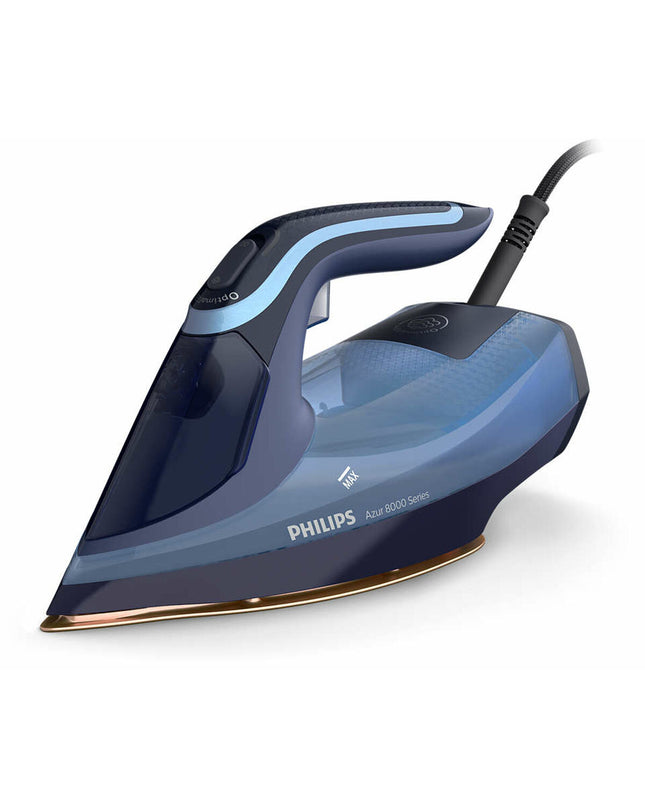 Philips DST8020/20 blue steam iron with 3000W power, shown on a white surface, featuring a sleek design and control dial.