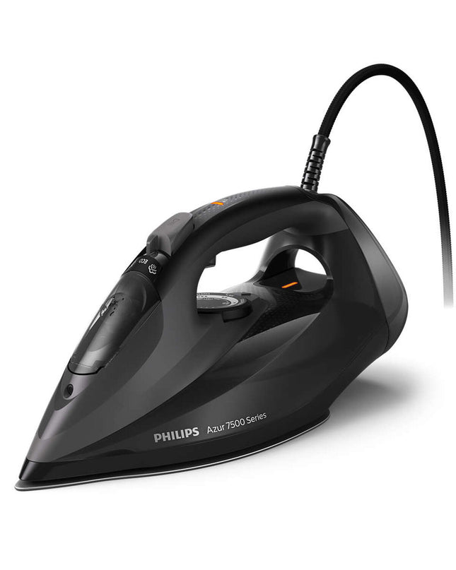 Philips DST7511/80 steam iron with adjustable controls and water reservoir, designed for home ironing tasks.