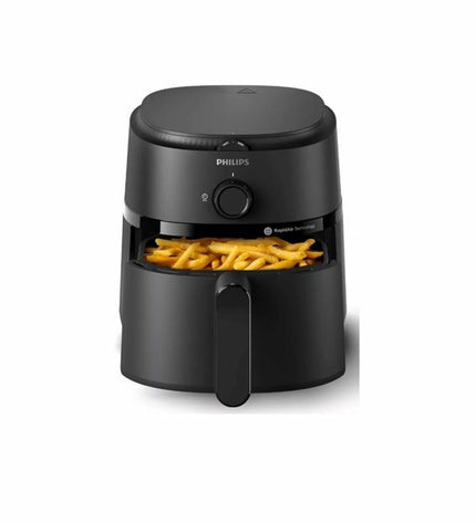 Black Philips air fryer with 1500W power, compact design for home cooking, featuring digital controls and a sleek modern look.