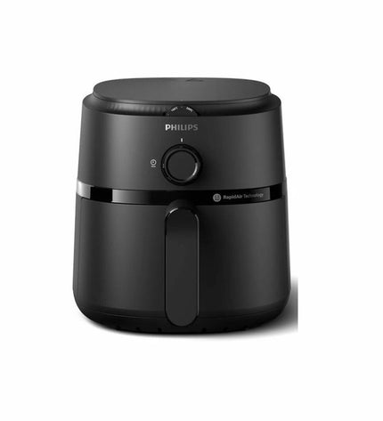 Black Philips air fryer with 1500W power, compact kitchen appliance for healthy frying, digital controls and sleek design