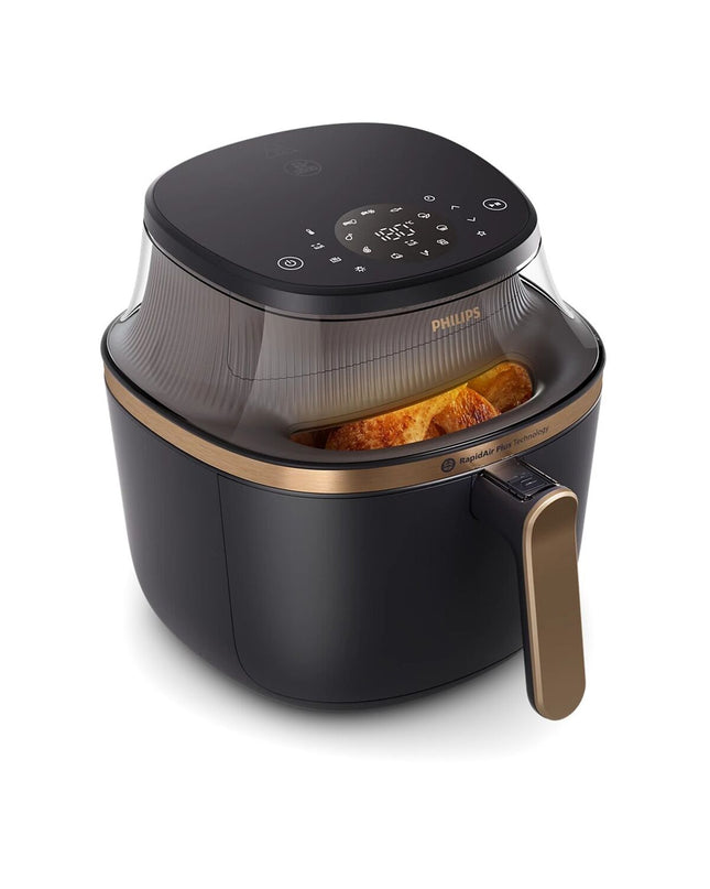 Philips NA332/00 black air fryer with 6.2L capacity, 1700W, compact kitchen appliance for healthy frying.