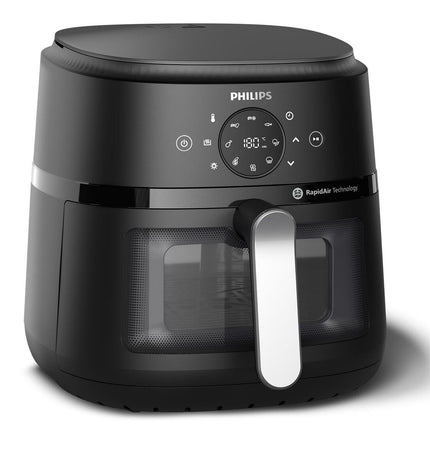 Philips NA231/00 air fryer in black and silver with a 6.2L capacity and 1700W power, shown on a kitchen countertop.