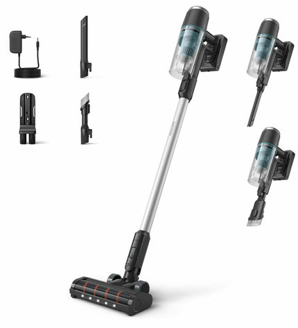 Philips Steelstofzuiger XC3031/01 for home cleaning, showing a sleek vacuum cleaner with a long hose and versatile attachments.