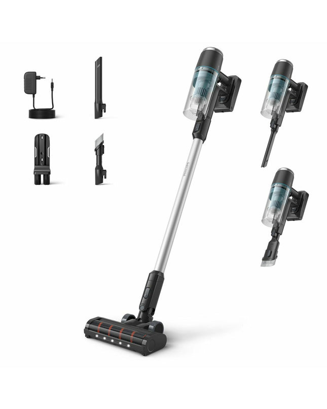 Philips Steelstofzuiger XC3031/01 for home cleaning, showing a sleek vacuum cleaner with a long hose and versatile attachments.