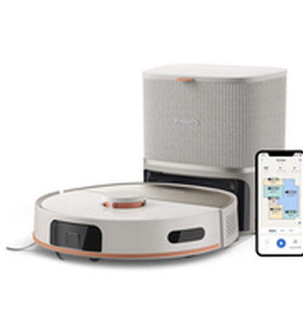 Philips robot stofzuiger with 4800 mAh battery cleaning hardwood floor in a modern home.