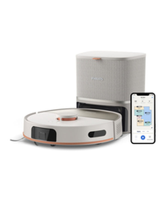 Philips robot stofzuiger with 4800 mAh battery cleaning hardwood floor in a modern home.