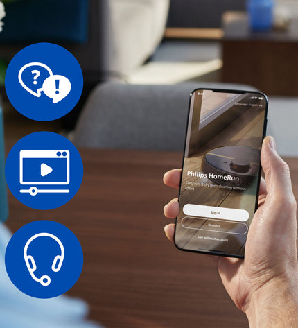 Philips robot stofzuiger with 4800 mAh battery, cleaning floors in a modern home, compact design for efficient vacuuming.