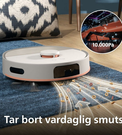 Philips robot stofzuiger with 4800 mAh battery cleaning hardwood floor in modern home setting