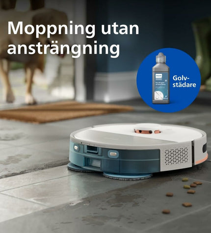 Philips robot stofzuiger with 4800 mAh battery cleaning hardwood and carpet floors, showcasing its sleek design and sensors.