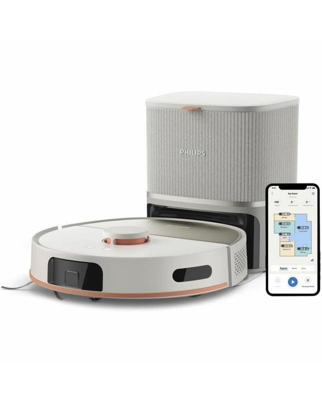 Philips robot stofzuiger with sleek design, showcasing its compact shape and cleaning brushes for home floor and window cleaning.